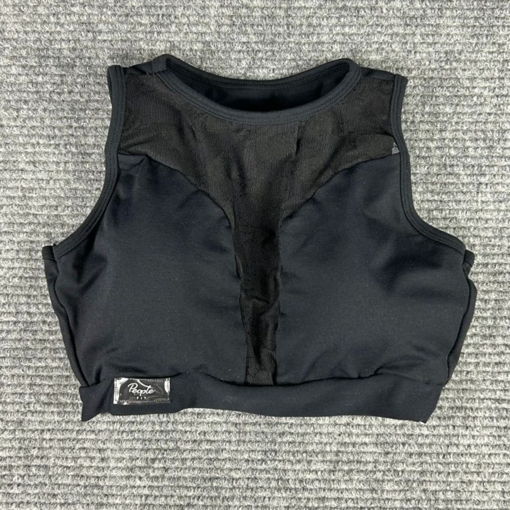People Fit Black Heart Mesh Lace Panel Athletic Crop Top Sports Bra Athleisure